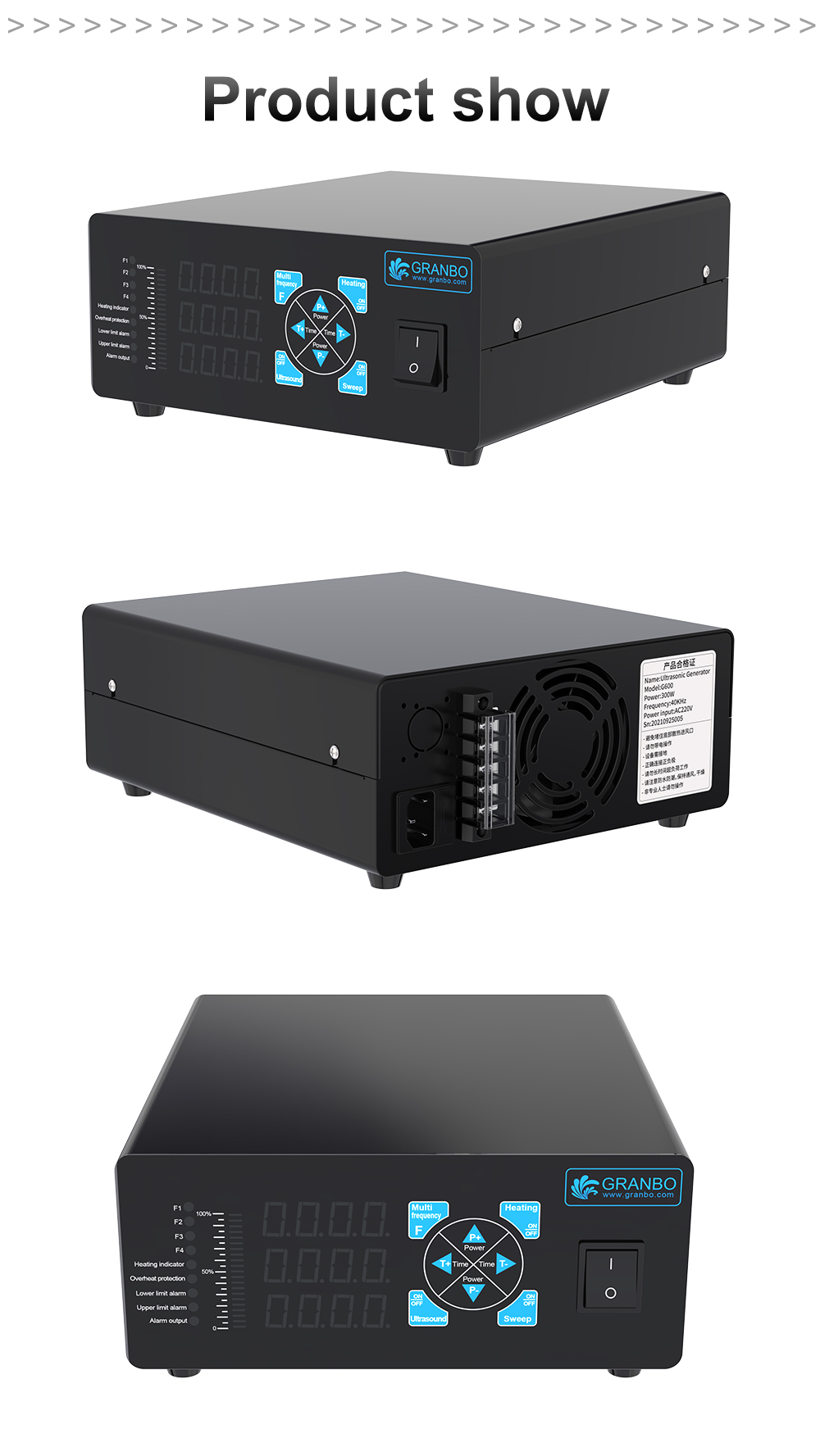 Multi-angle exterior views of ultrasonic generator enclosure and rear panel