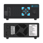 Front and rear panel comparison showing digital LCD display and back wiring terminals