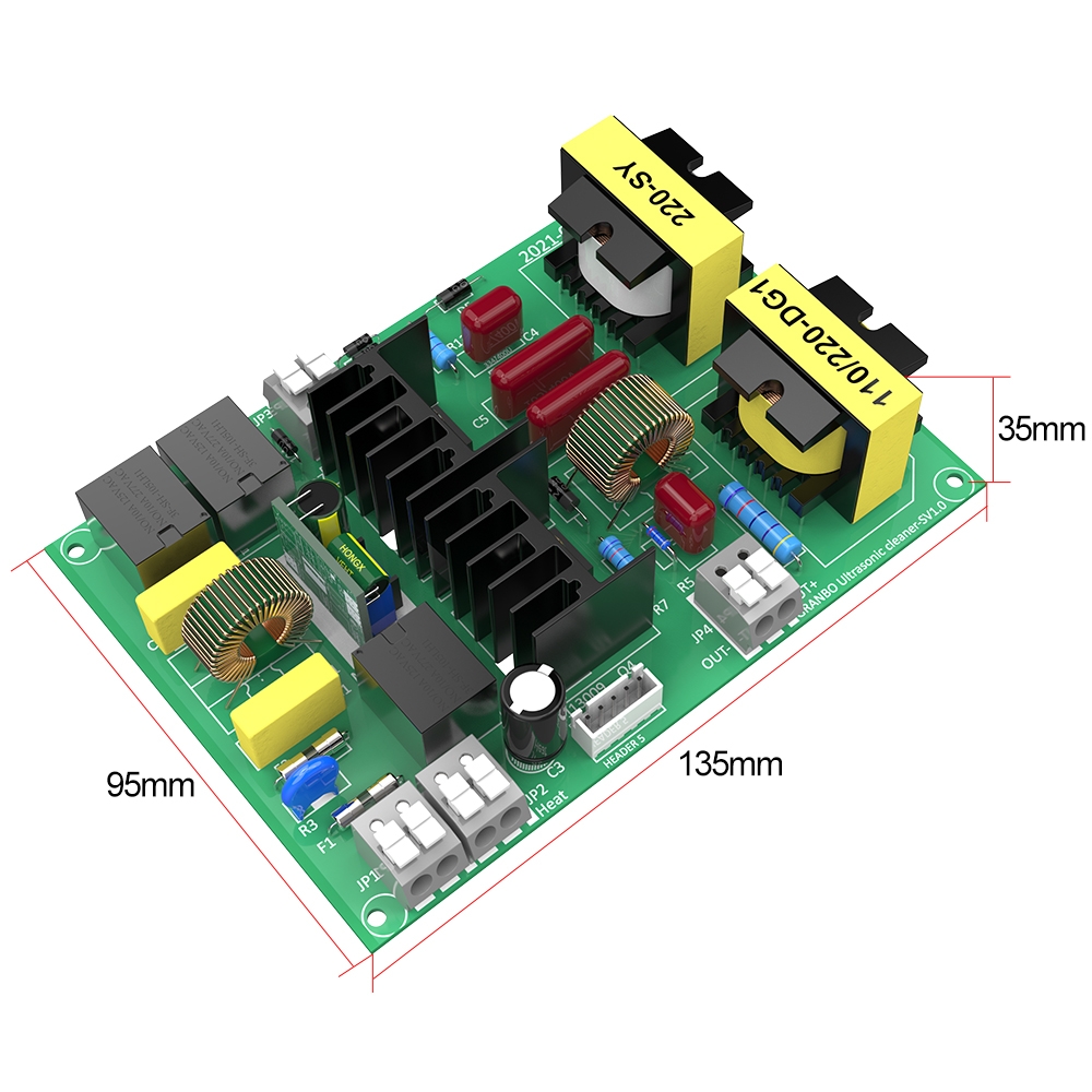 Ultrasonic driver circuit board showing component layout and 135mm by 95mm by 35mm dimensions