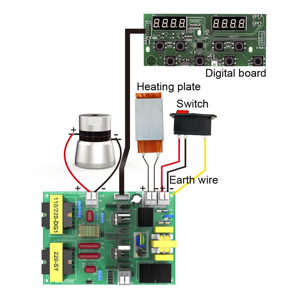 Wiring diagram showing connections between ultrasonic driver board, transducer, heater, switch, and digital panel