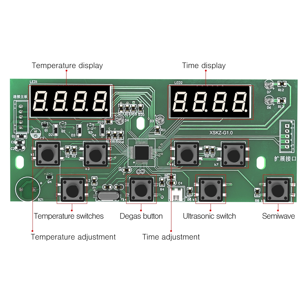 Digital display and control panel button layout for ultrasonic cleaner showing temperature, time, degas, and semiwave settings