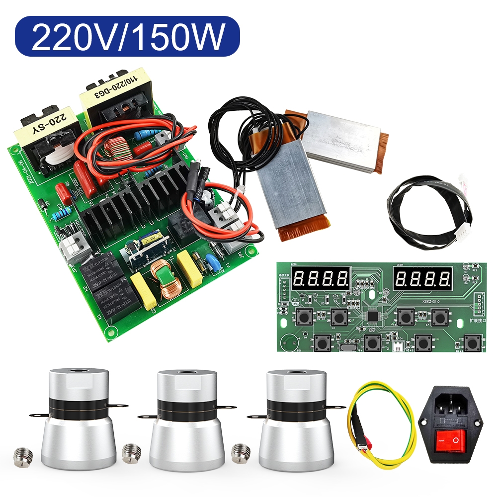 Package components breakdown for 150W ultrasonic cleaning system including driver board, transducers, display panel, switch, and mounting studs