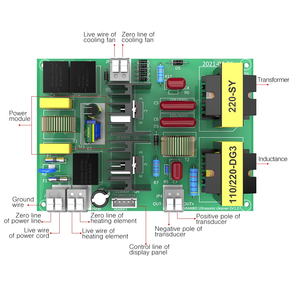 Ultrasonic driver circuit board terminal wiring diagram and electronic component definitions