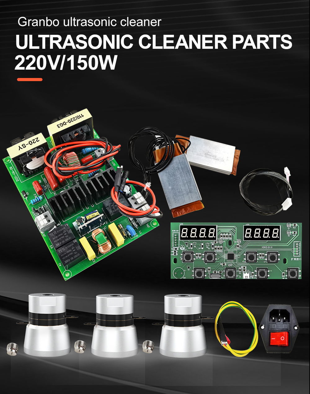 Complete 220V 150W ultrasonic cleaner circuit board kit with three transducers, dual heating elements, and digital control panel