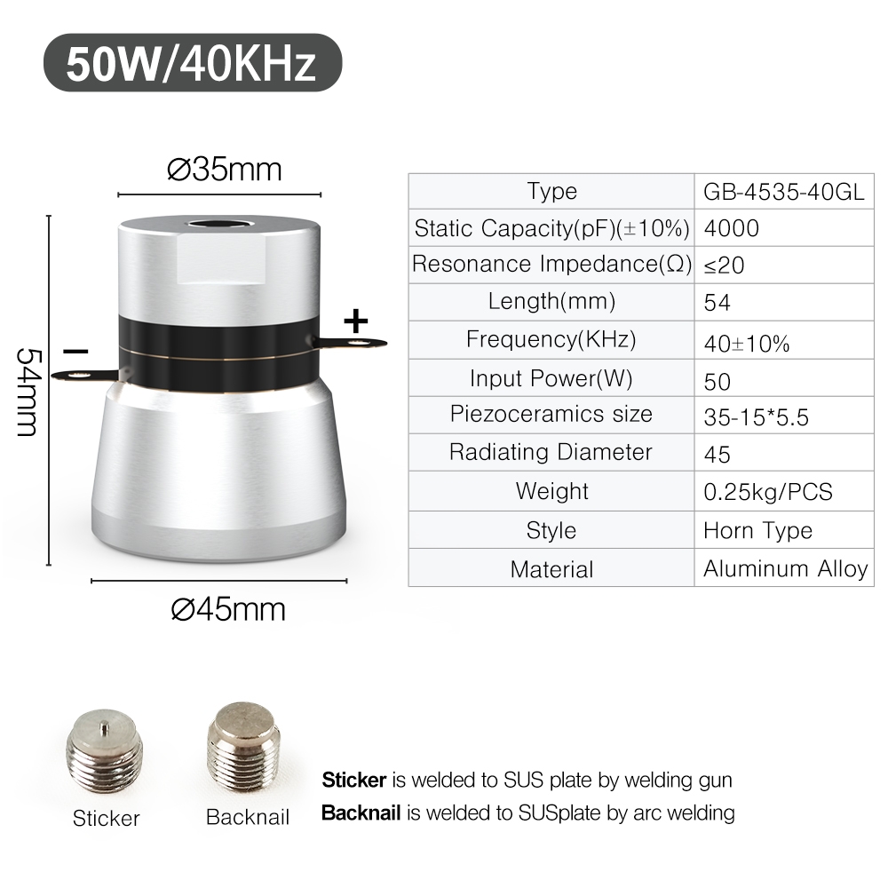 50W 40kHz horn-type ultrasonic transducer dimensions, electrical specifications, and mounting stud types