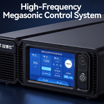 Digital megasonic power control generator by Granbo with LCD touchscreen displaying 950 kHz frequency, 1200 W power output, and timer settings