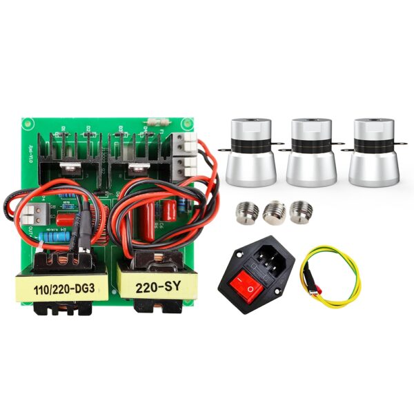Ultrasonic cleaner replacement parts kit showing 150W circuit board three transducers threaded studs and power inlet