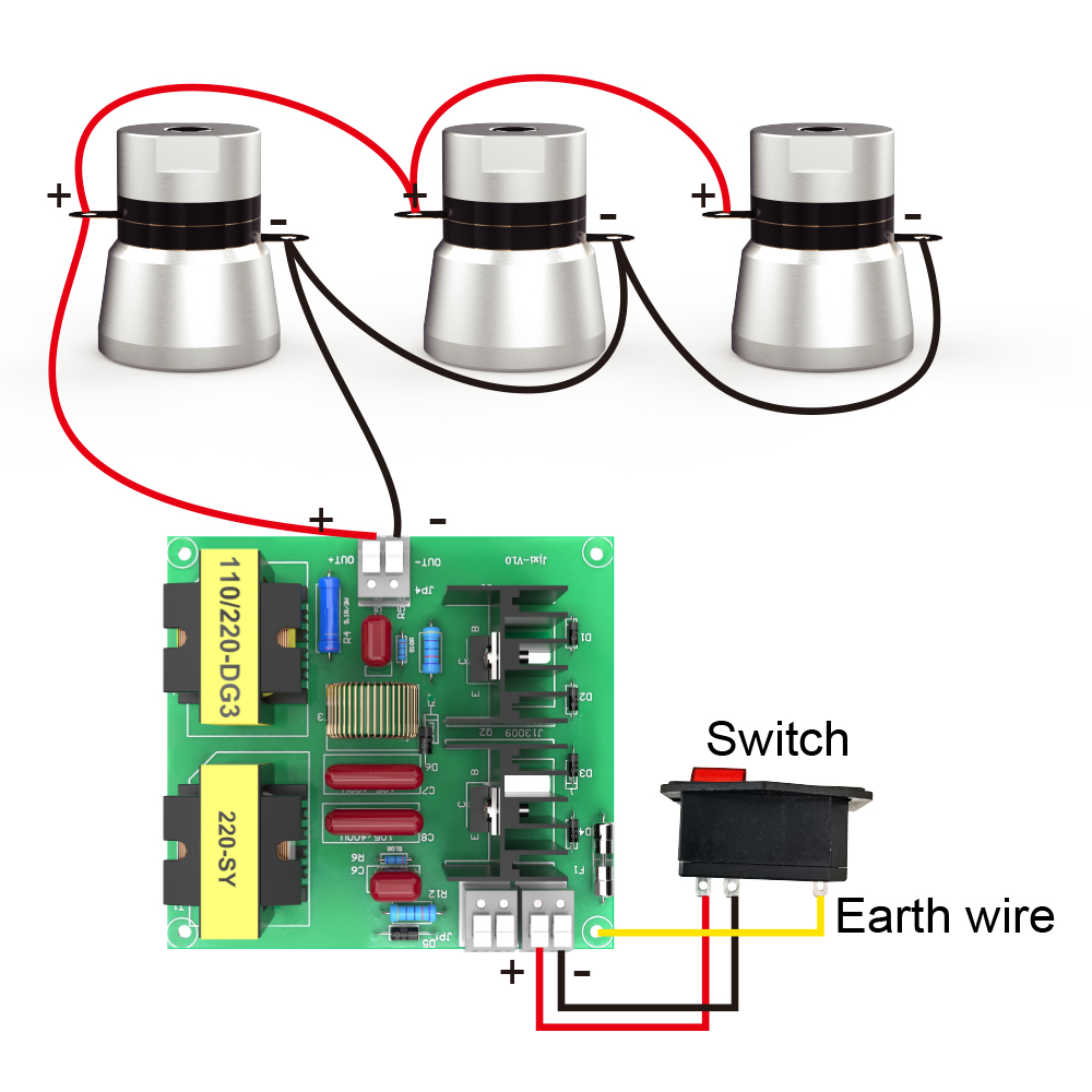 Schematic connection diagram showing 150W circuit board wired to three transducers switch and earth wire