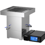 Full Granbo megasonic cleaning system setup on white background, including the stainless steel tank with dual drainage valves and external digital generator