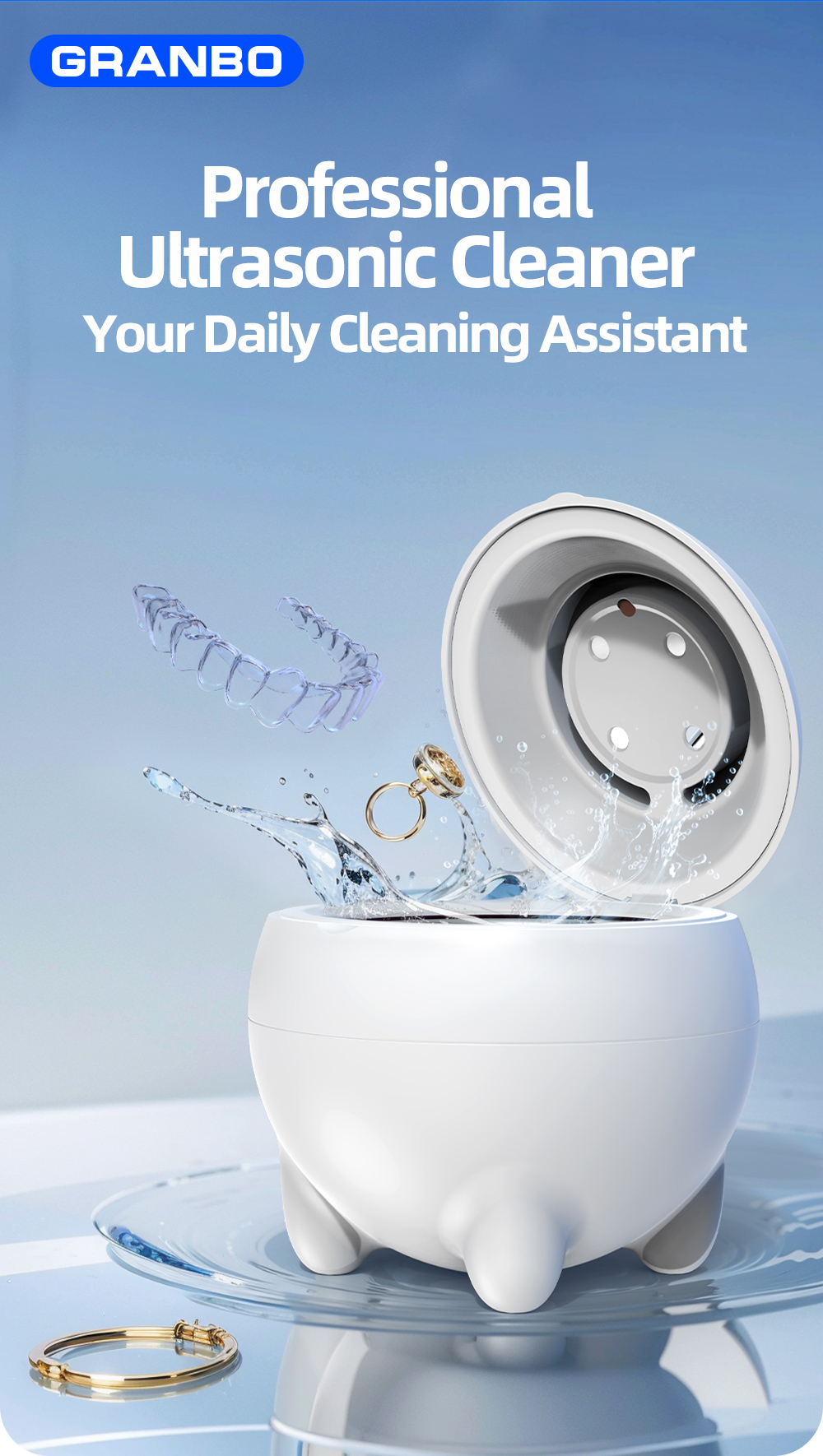 UV Ultrasonic Cleaner for Dental Appliances – 360° Deep Clean for Dentures, Jewelry & Household Items, 48kHz Frequency, 3 Modes