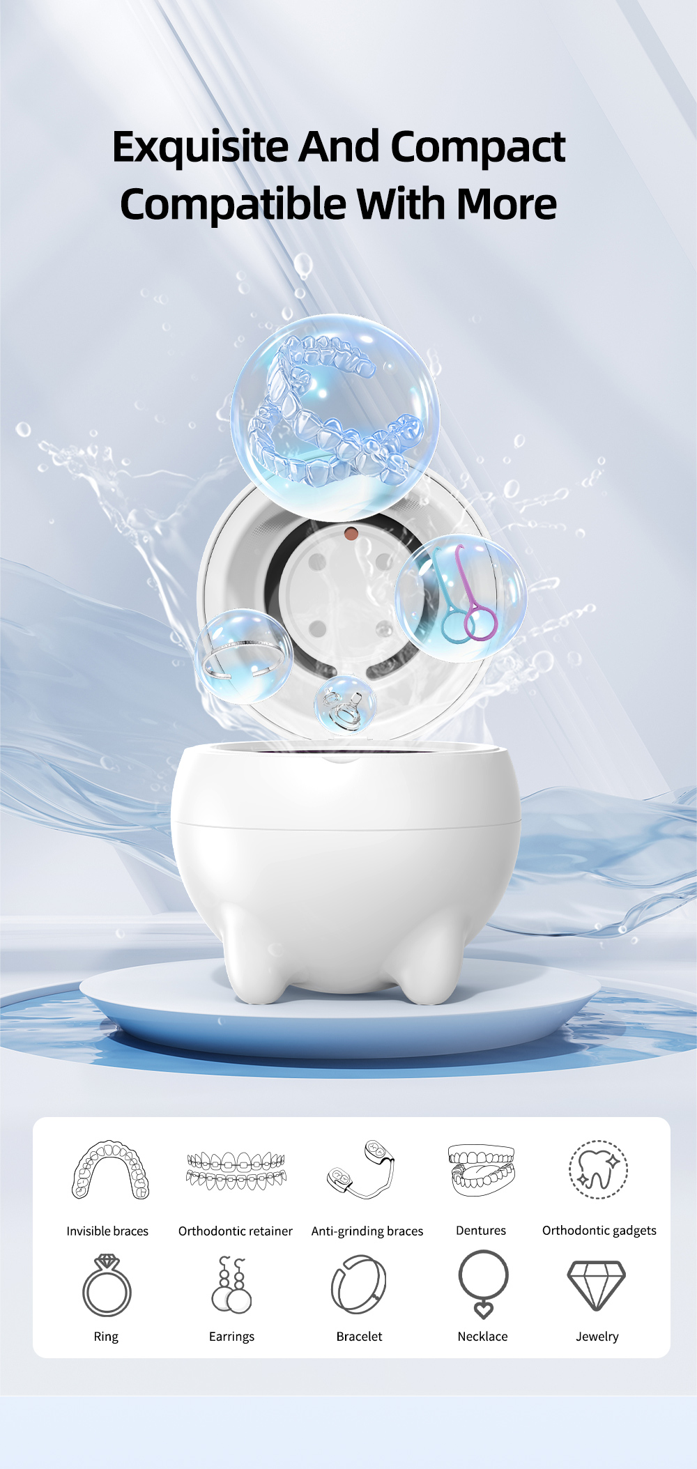 UV Ultrasonic Cleaner for Dental Appliances – 360° Deep Clean for Dentures, Jewelry & Household Items, 48kHz Frequency, 3 Modes