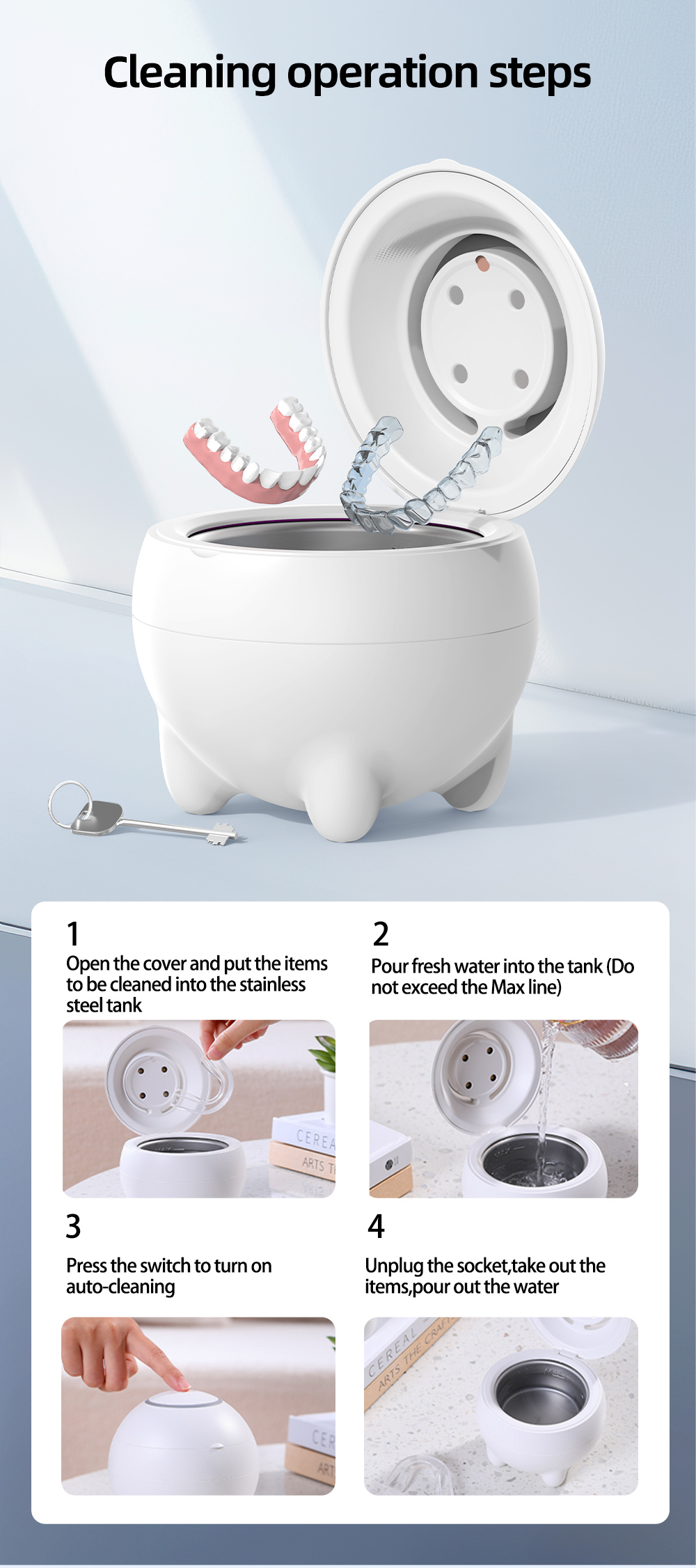 UV Ultrasonic Cleaner for Dental Appliances – 360° Deep Clean for Dentures, Jewelry & Household Items, 48kHz Frequency, 3 Modes