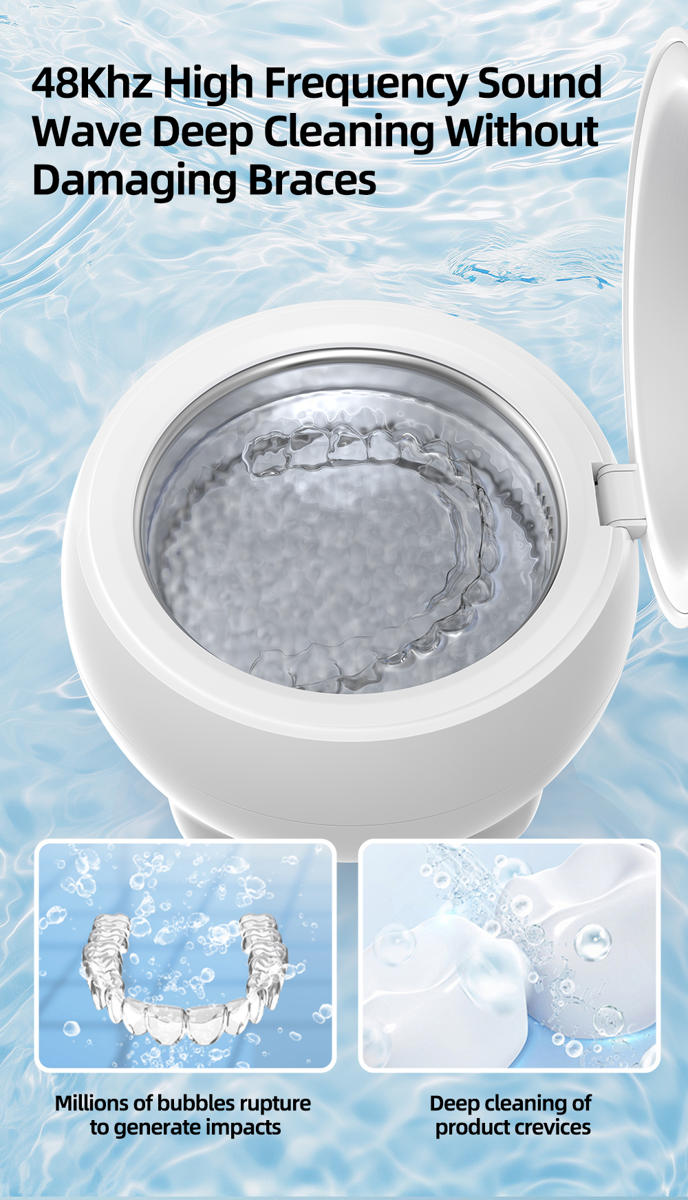 UV Ultrasonic Cleaner for Dental Appliances – 360° Deep Clean for Dentures, Jewelry & Household Items, 48kHz Frequency, 3 Modes
