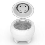 Front view of the UV ultrasonic denture cleaner with open lid and water inside the stainless steel cleaning tank.