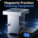 Granbo megasonic precision cleaning system featuring a stainless steel tank with an overflow weir and a digital power generator for semiconductor and optics cleaning