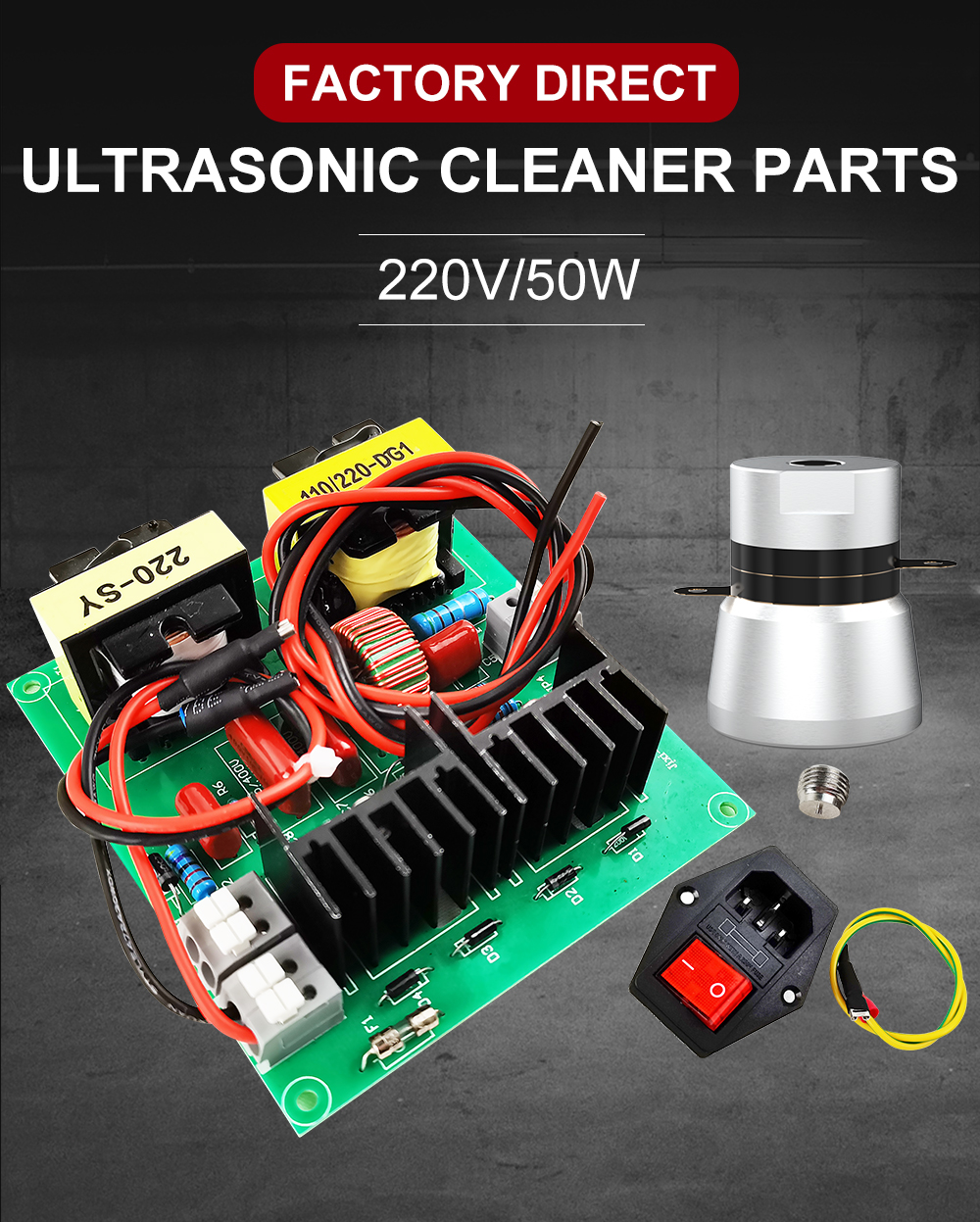 Factory direct 220V 50W ultrasonic cleaner circuit board with transducer and switch kit