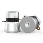 Horn type ultrasonic transducer side view and bottom threaded mounting surface view