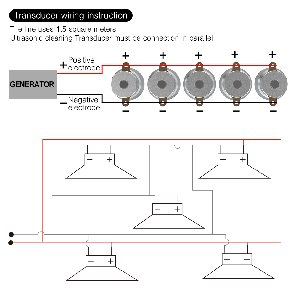 Parallel wiring circuit schematic for ultrasonic cleaning transducers using 1.5mm2 wire