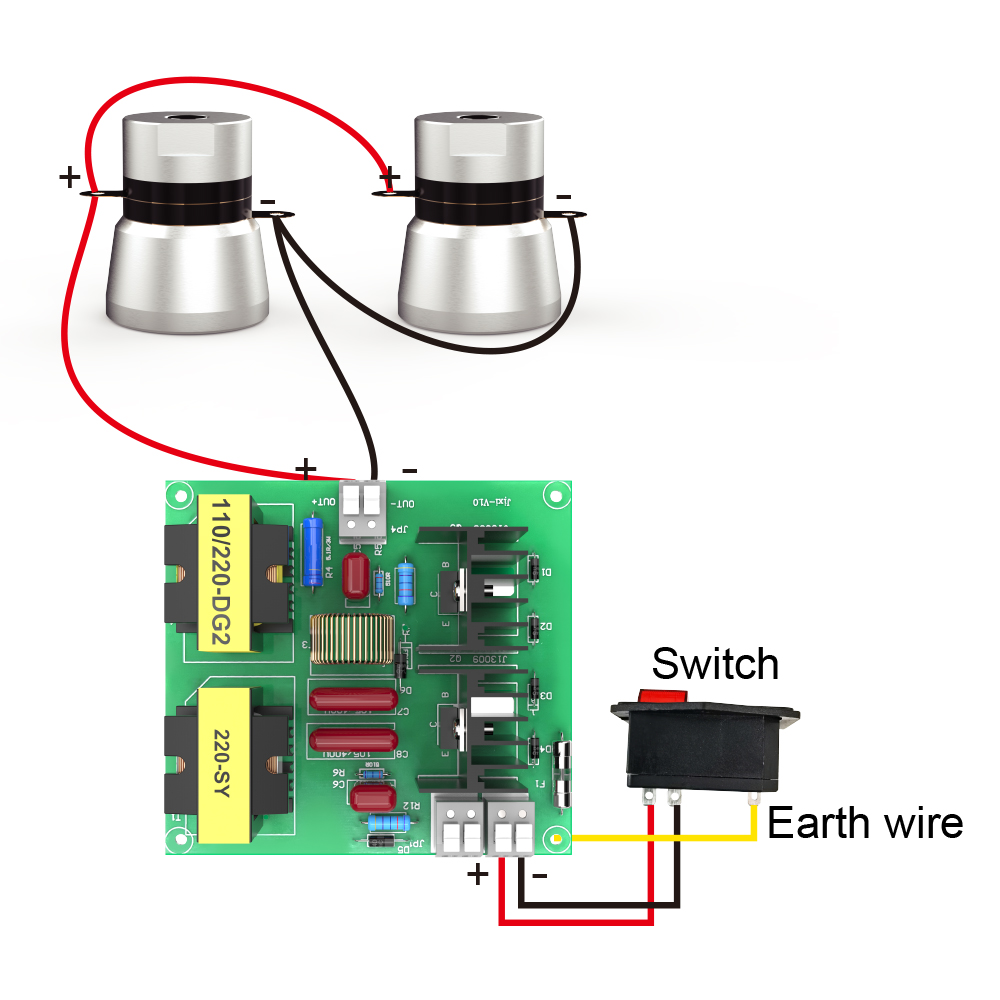 Wiring diagram connecting 100W circuit board to two 50W transducers power switch and ground wire