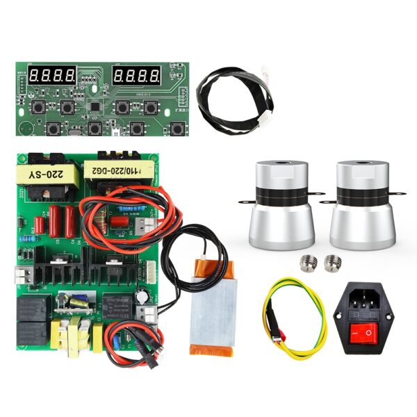 100W ultrasonic cleaner DIY kit including driver board, digital display, two 50W transducers, heater, and power socket