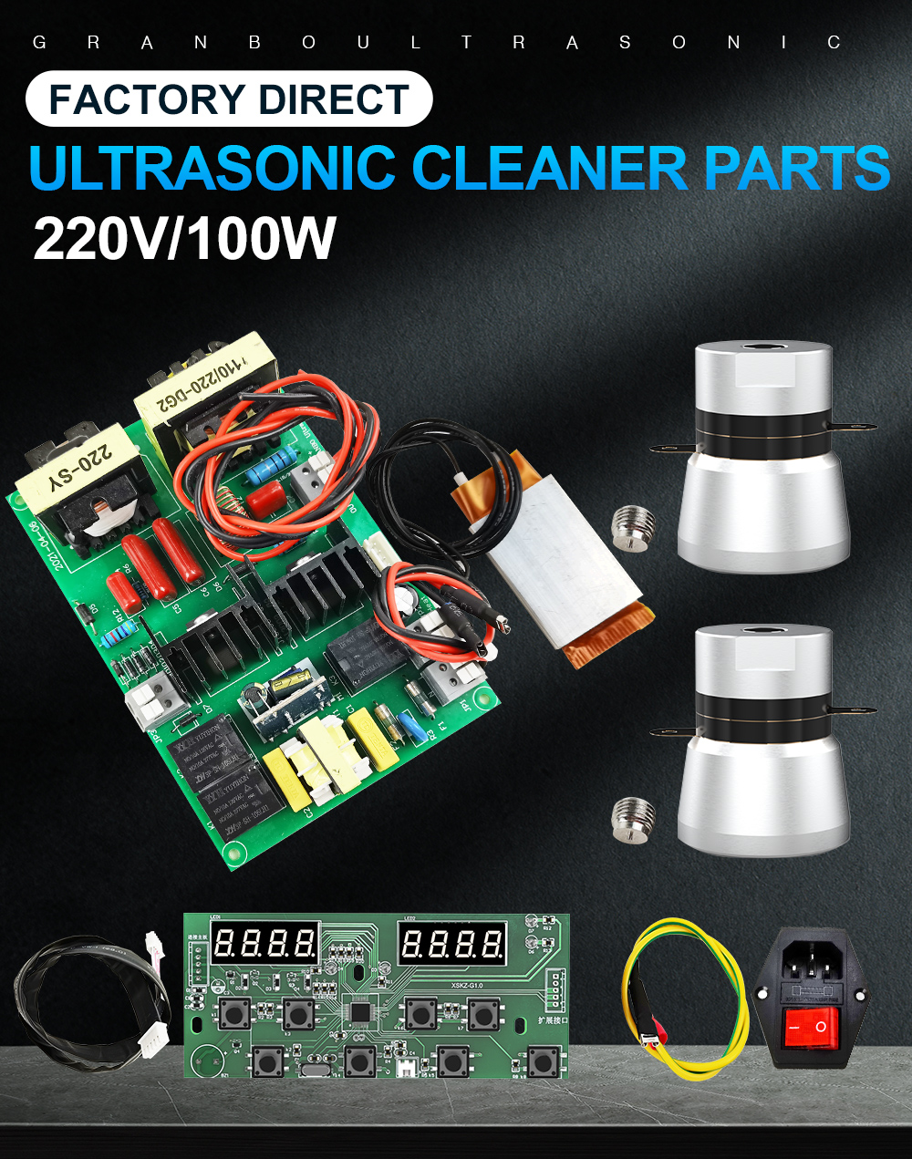 220V 100W digital ultrasonic cleaner spare parts kit components set on dark background