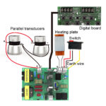 Full system wiring diagram connecting ultrasonic driver board, two parallel transducers, heater, and digital board