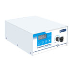 High-angle side view of compact white ultrasonic cleaning generator chassis