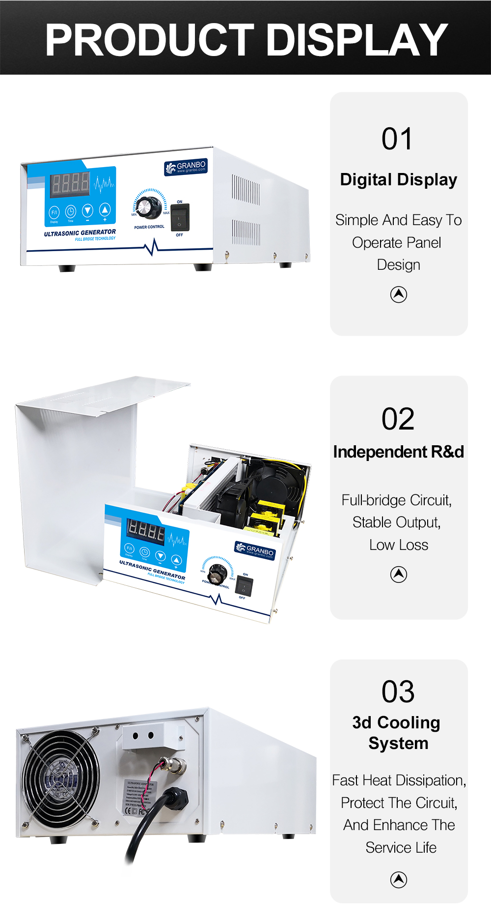 Granbo ultrasonic generator digital display panel, full-bridge circuit chassis, and rear cooling fan