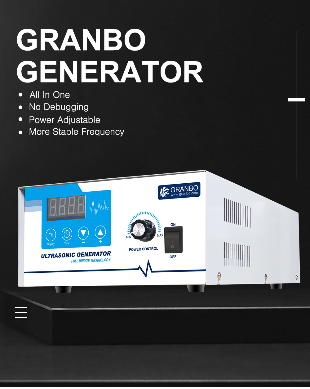 Granbo full-bridge industrial digital ultrasonic generator front and profile view