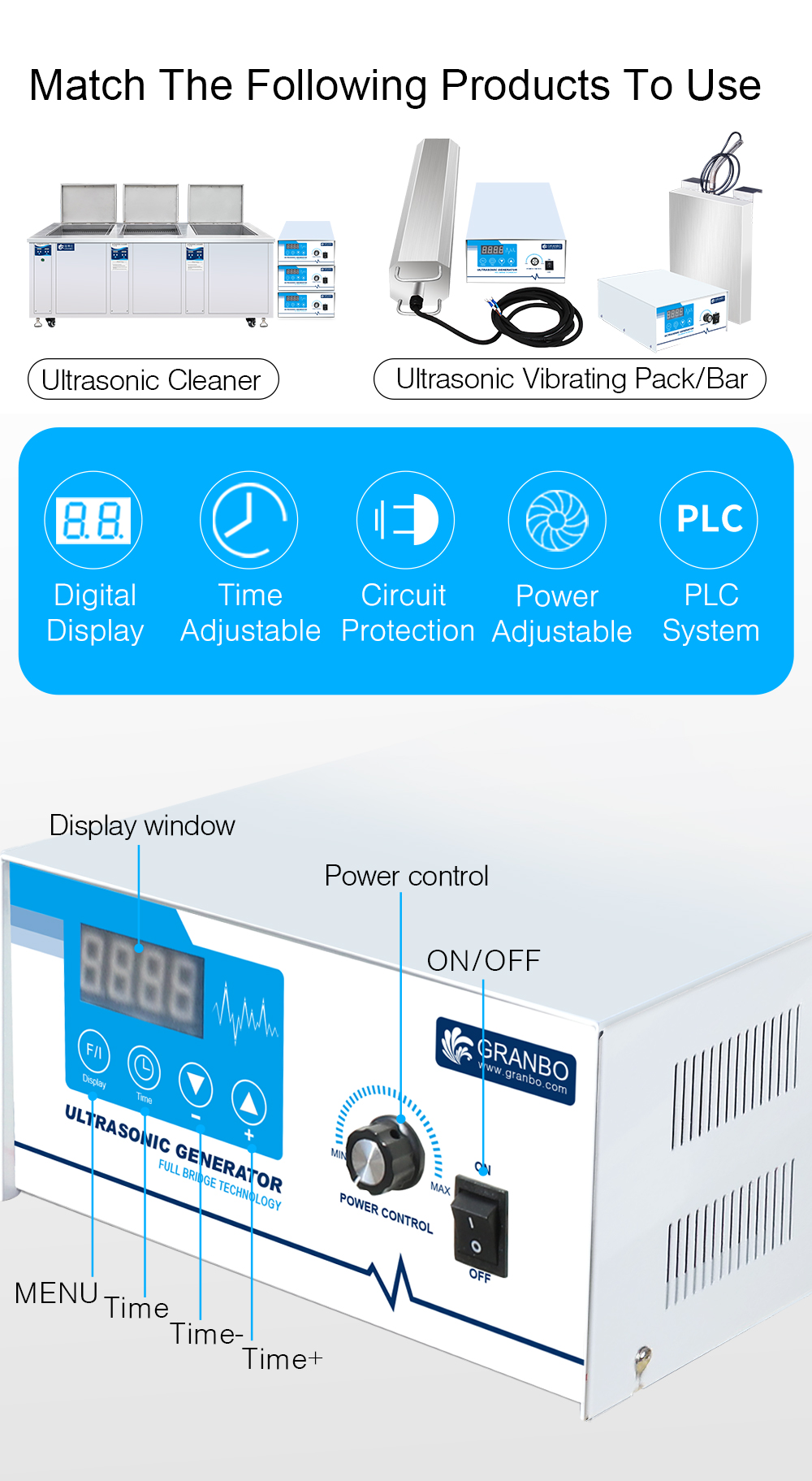 Granbo ultrasonic generator front control panel diagram and compatible transducer attachments
